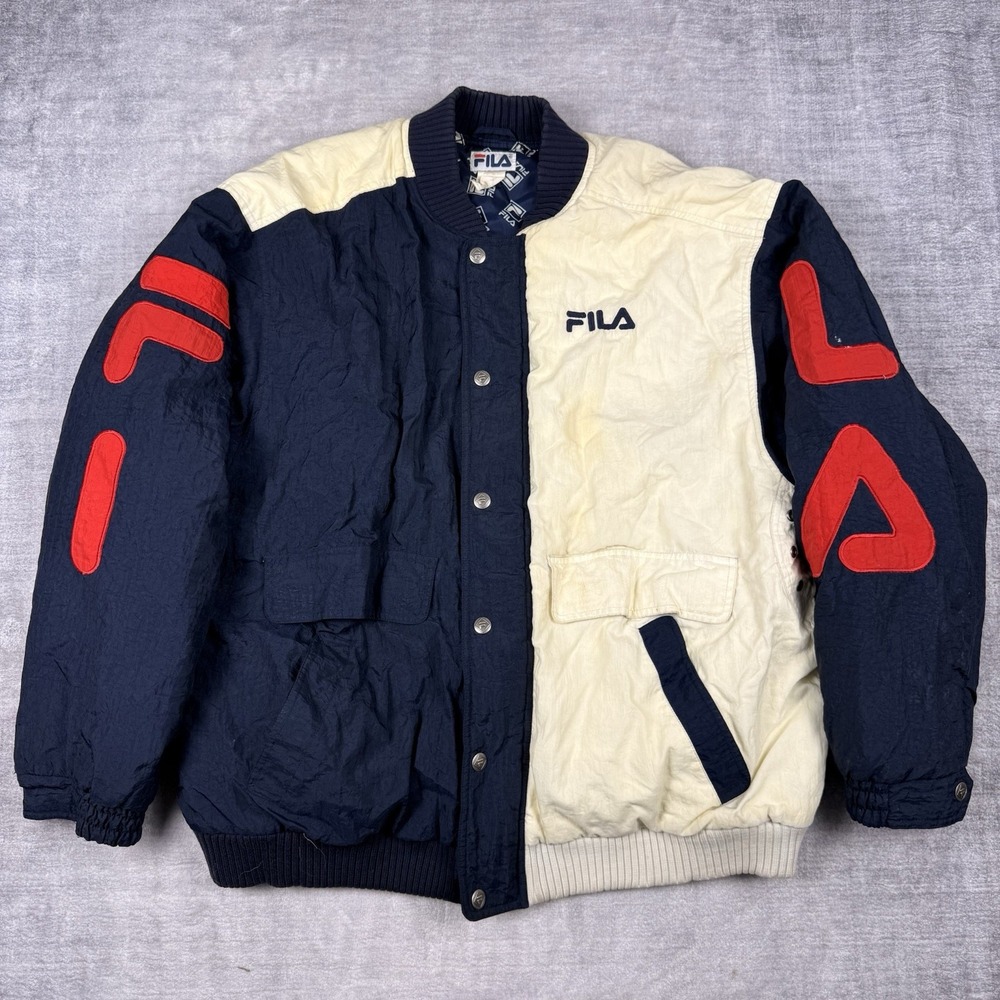 Vtg‎ FILA Jacket Mens 2XL Blue Hooded Anorak Full Zip Snap Big Logo Spell Out